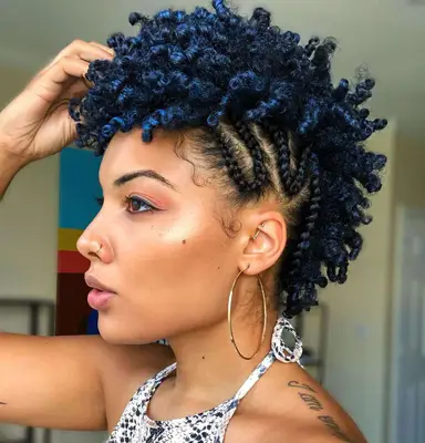 Curly blue faux hawk