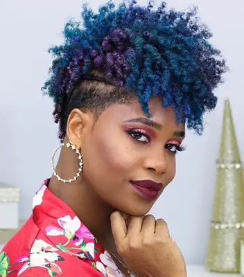 Curly blue and purple frohawk