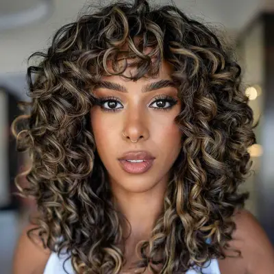 A person with a bouncy shag and honey blonde highlights