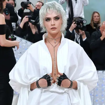 Cara Delevingne with a silver shag hairstyle at the 2023 Met Gala in New York City