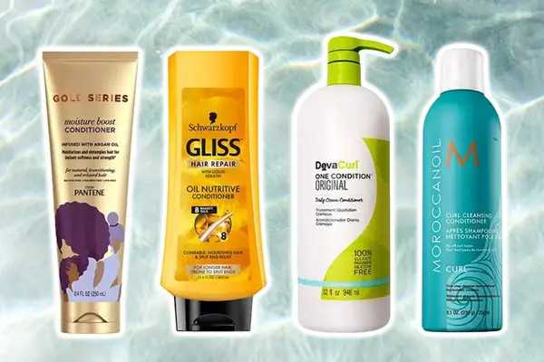 Assortment of conditioners for natural hair outlined in white and displayed on a realistic water background 