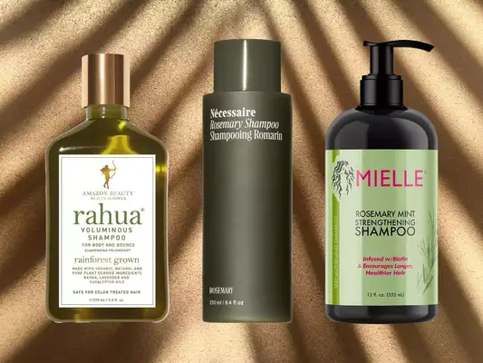 Collage of rosemary shampoos on a shady background, including Mielle Rosemary Mint Strengthening Shampoo and Nécessaire Rosemary Shampoo