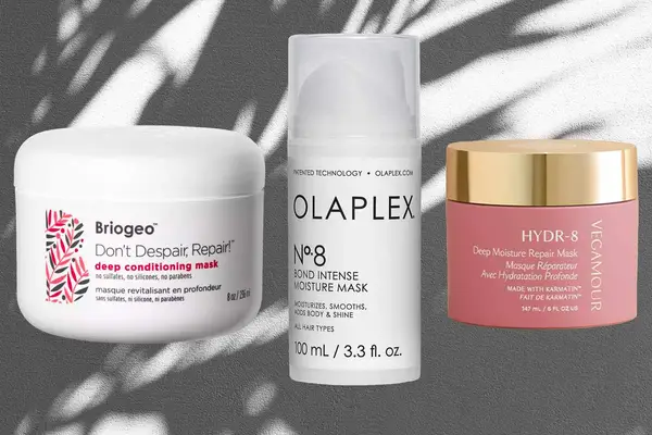 Three bottles of deep conditioner, including Olaplex No. 8 Bond Intense Moisture Mask and Briogeo Don