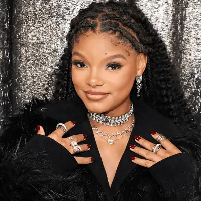 Halle Bailey wearing twisted locs and curly hair