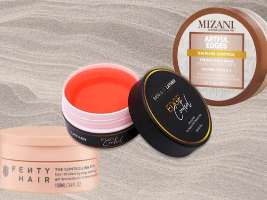 collage of edge-control products Mizani Artful Edges, Fenty Hair Control Gel, and Bask & Lather Edge Control on a sandy background 