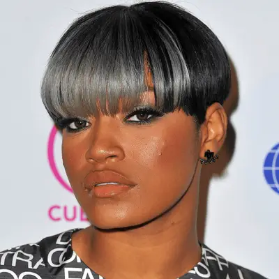 Keke Palmer wearing mushroom cut hairstyle with dark gray bangs