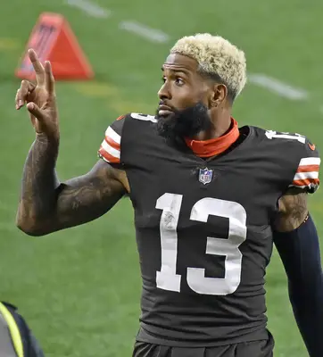Odell Beckham Jr. with a bleached dye crew cut hairstyle at the 2020 Cincinnati Bengals v Cleveland Browns game in Cleveland, Ohio