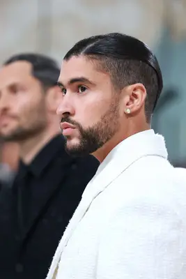 Bad Bunny with a slicked-back crew cut hairstyle at the 2023 Met Gala in New York City