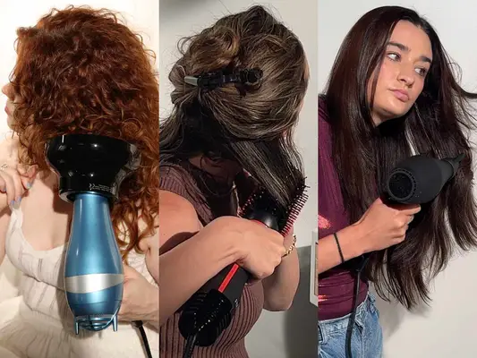 Collage of three people testing affordable hair dryers