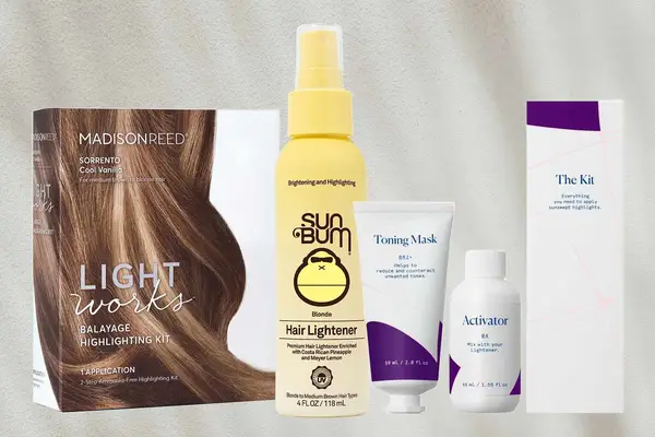 A collage of at-home highlighting kits from Madison Reed, Sun Bum, and eSalon against a neutral background