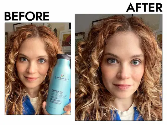 Before and after photos of a woman testing Pureology Strength Cure Shampoo