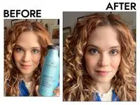 Before and after photos of a woman testing Pureology Strength Cure Shampoo