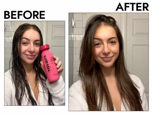 Before and after photos of a woman who tested Eva NYC Ritual Strength Shampoo