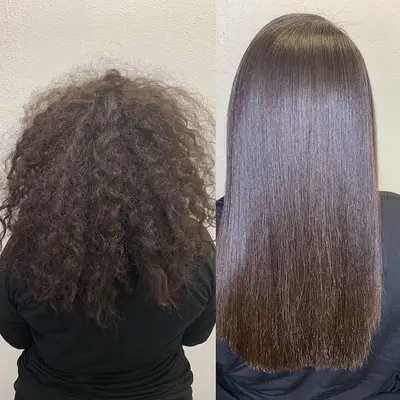 Naturally curly hair before and after a straightening keratin treatment