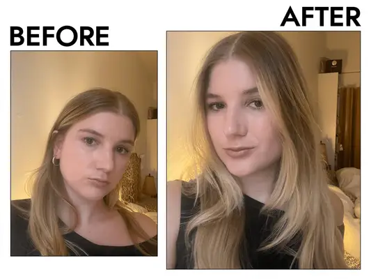 the author before and after using the Briogeo Dry Shampoo Puff