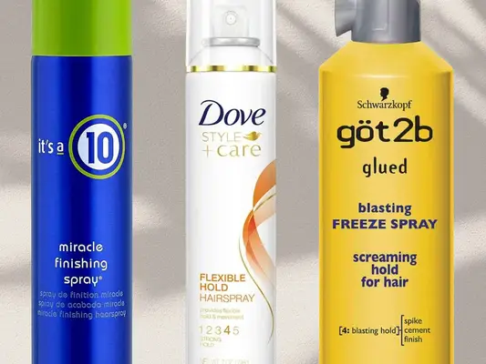 Collage of drugstore hairsprays from It