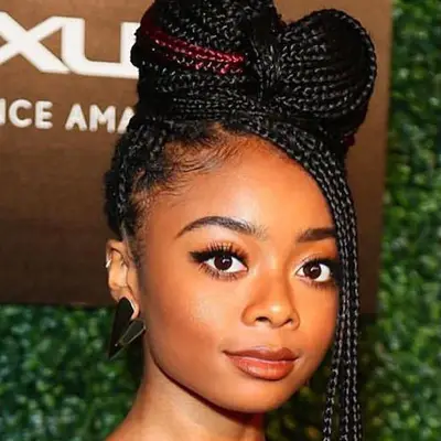 Skai Jackson wears box braids in a bow ponytail updo