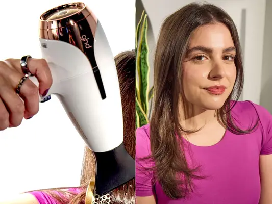 side by side collage of woman using professional hair dryers, including GHD Helios, during testing