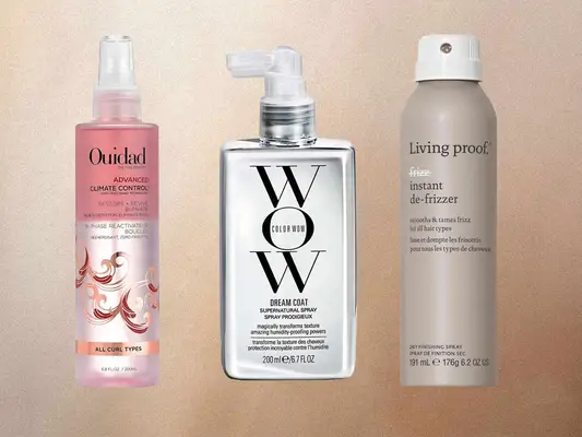 Side-by-side selection of anti-humidity hair products, including Ouidad, Color Wow, and Living Proof, on a colorful background