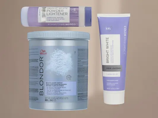 Collage of three professional hair bleaches on a brown background