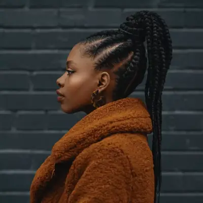 Side profile of a woman with feed-in braids in a high ponytail style