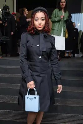 Amandla Stenberg wearing a short, red, braided bob