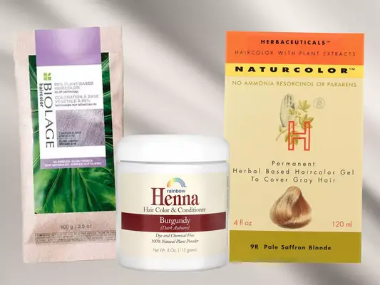 Collage of three natural hair dyes, including Biolage, Rainbow Henna, and Naturcolor, on a grey background 