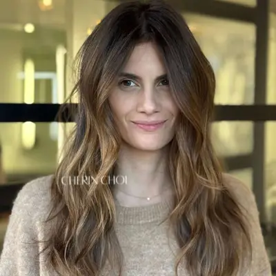 Woman with dimensional, soft brunette hair.