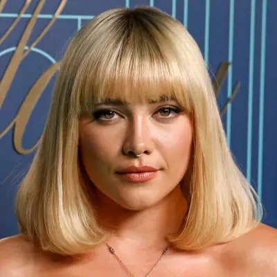 Florence Pugh wears a heavily beveled bob and thick fringe 
