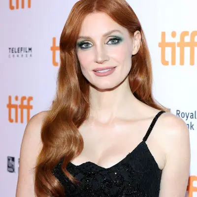  Jessica Chastain with Auburn Brown Hair Color with Copper highlights