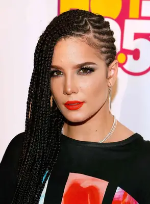 Singer Halsey with a partial cornrow, partial box braid hairstyle