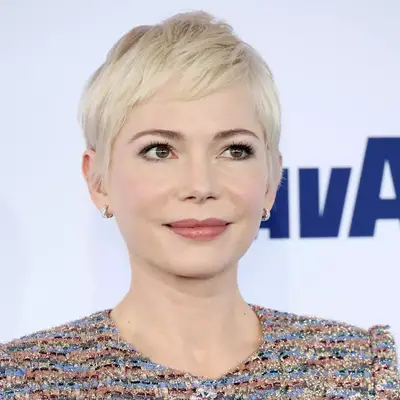 michelle williams with bleached pixie cut and side bangs