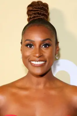 Issa Rae zoomed in on face and hair, braided fishtail bun
