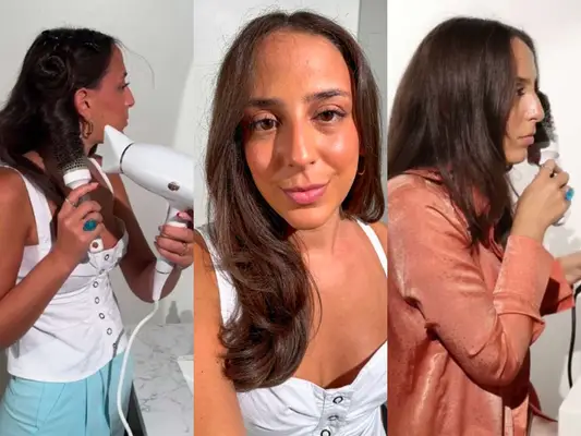 Person using different ionic blow-dryers, including the T3 AireLuxe Hair Dryer during testing