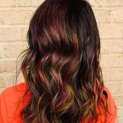 Back view of dark curled hair with autumn-toned oil slick hair color