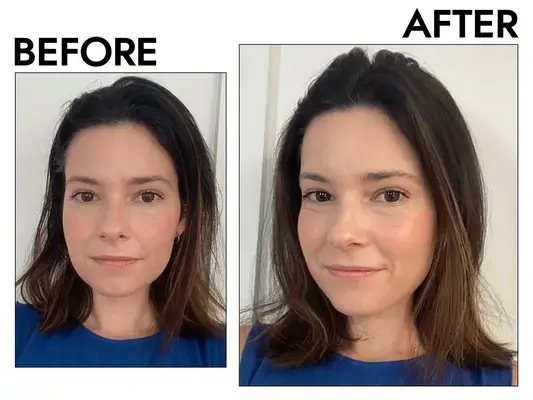 Photos of person’s face before and after using Klorane Dry Shampoo With Oat Milk