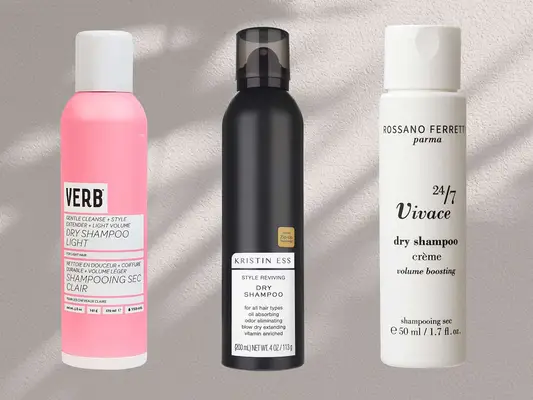 A collage of dry shampoos for oily hair against a white background, including Verb, Kristin Ess, and Rossano Ferretti