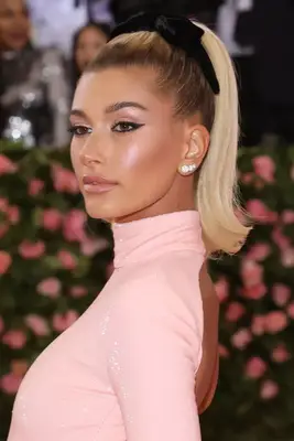 Hailey Bieber with a mile-high ponytail