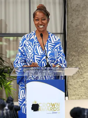 CULVER CITY, CALIFORNIA - JUNE 14: Honoree Supervisor Holly J. Mitchell speaks onstage during the 2024 CROWN Awards Presented by Dove at The Blackbird House on June 14, 2024 in Culver City, California. (Photo by Natasha Campos/Getty Images for 2024 CROWN Awards Presented by Dove)