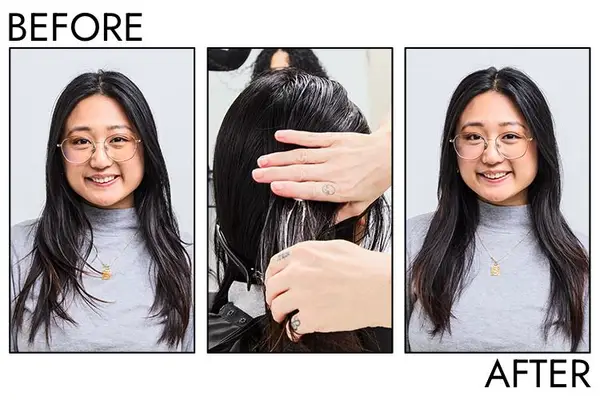 A person and after photo showing the effects of using AG Care Cloud Air Light Volumizing Mousse