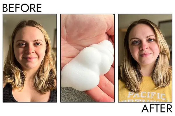 A before and after photo showing the effects of using Drybar Southern Belle Volume-Boosting Mousse