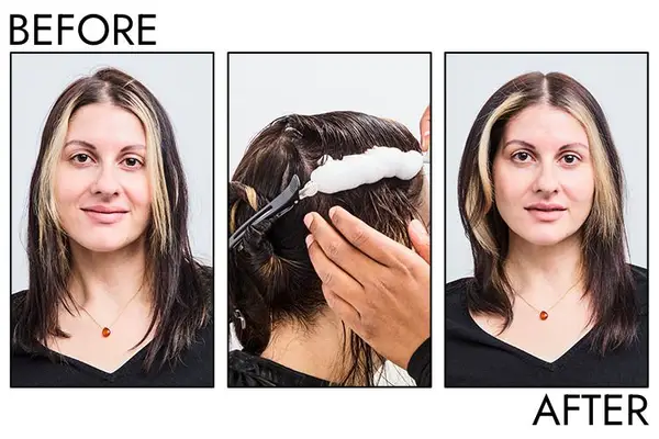 A before and after photo showing the effects of using Drybar Southern Belle Volume-Boosting Mousse