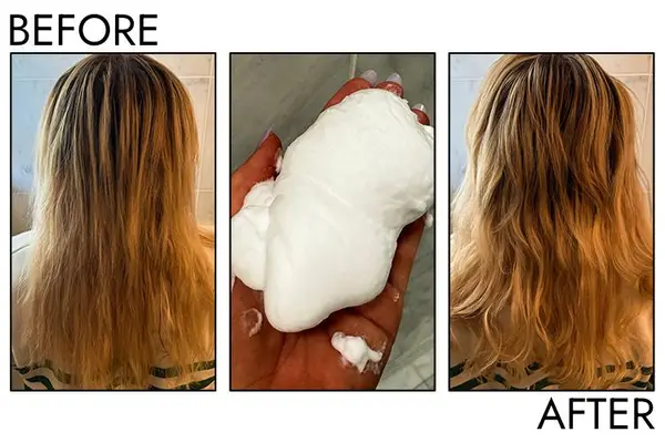 A before and after photo showing the effects of using Oribe Grandiose Hair Plumping Mousse