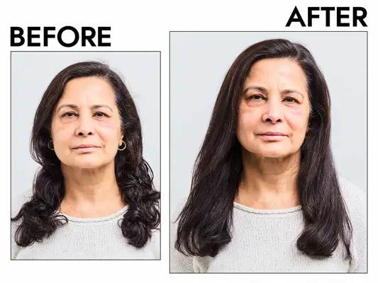 A before and after photo showing the effects of using Oribe Grandiose Hair Plumping Mousse