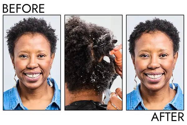 A person before and after using PATTERN Palo Santo Curl Mousse
