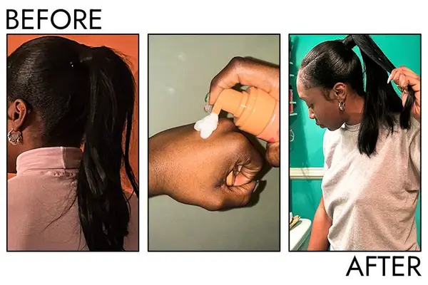 A before and after photo showing the effects of using PATTERN Palo Santo Curl Mousse