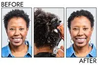 A person before and after using PATTERN Palo Santo Curl Mousse