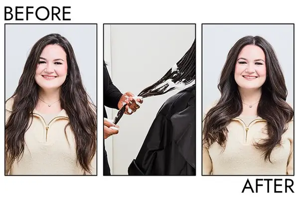 A before and after photo showing the effects of using Pureology Style + Protect Weightless Hair Mousse