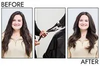 A before and after photo showing the effects of using Pureology Style + Protect Weightless Hair Mousse