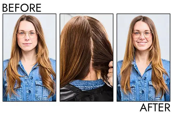 A person before and after using Redken Root Lifter Volumizing Spray Foam